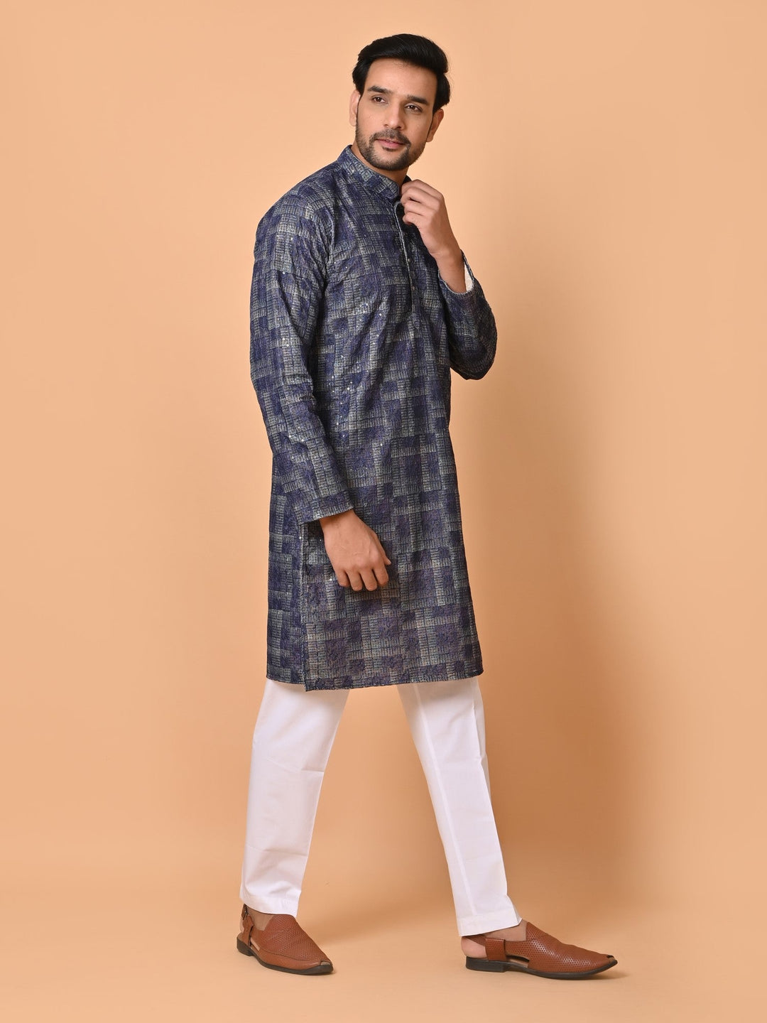 Sequence Cotton Blend Kurta Set | Stand Collar Full Sleeves for Festive Wear