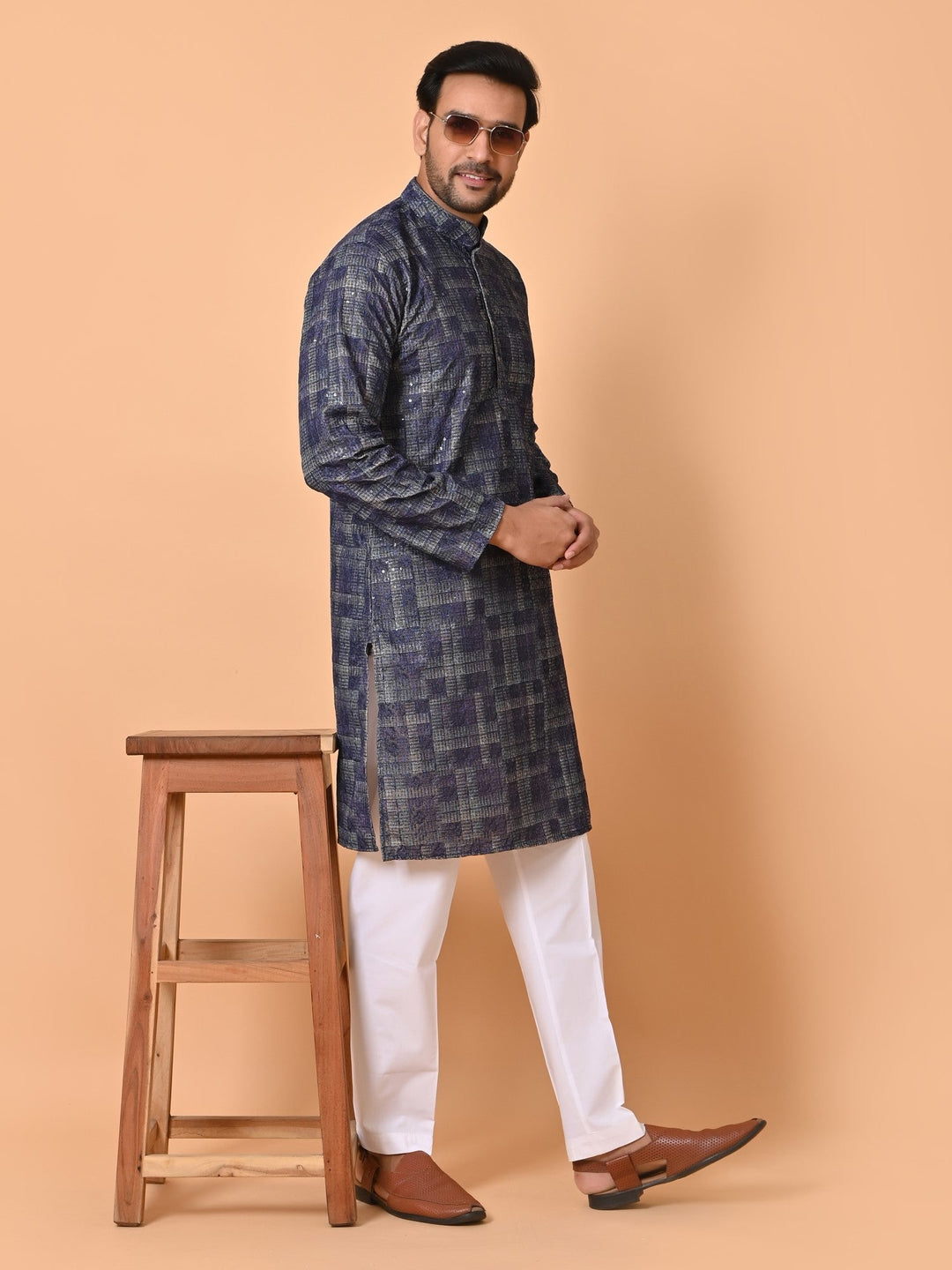 Sequence Cotton Blend Kurta Set | Stand Collar Full Sleeves for Festive Wear