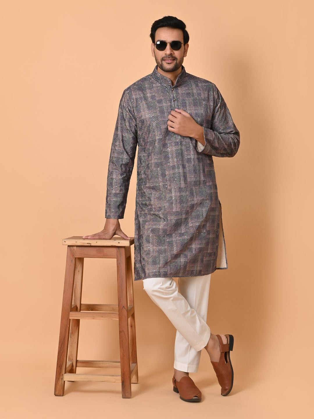 Sequence Chikan Cotton Blend Kurta Set | Festive Full Sleeve Design