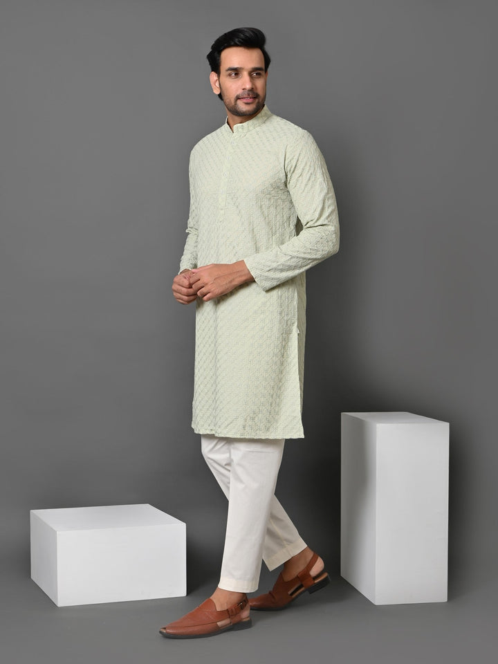 Chikan Green Kurta Set | Cotton Blend Full Sleeve Stand Collar Festive Wear