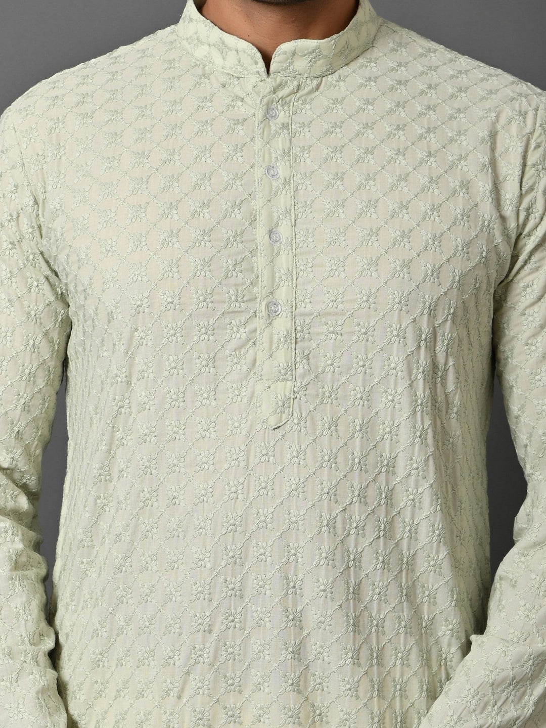 Chikan Green Kurta Set | Cotton Blend Full Sleeve Stand Collar Festive Wear