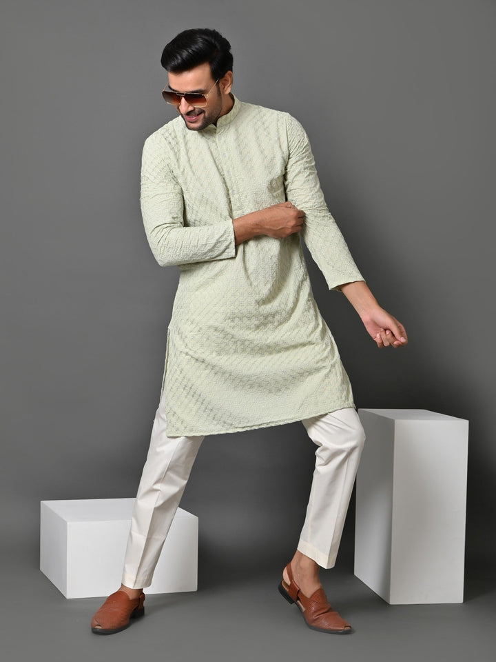 Chikan Green Kurta Set | Cotton Blend Full Sleeve Stand Collar Festive Wear