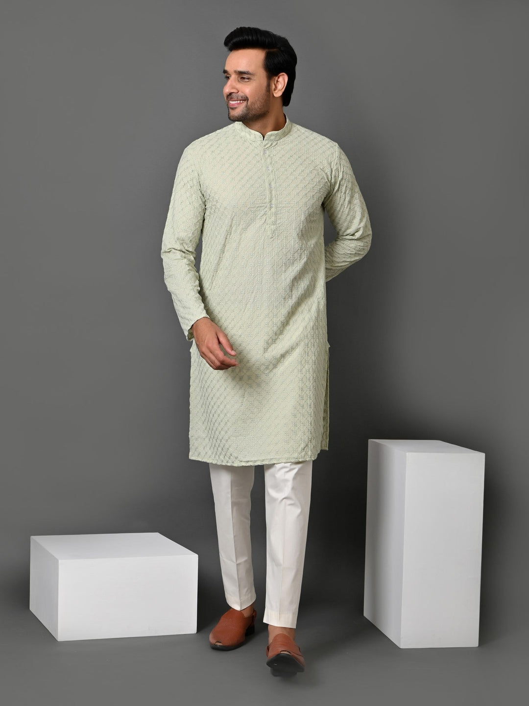 Chikan Green Kurta Set | Cotton Blend Full Sleeve Stand Collar Festive Wear