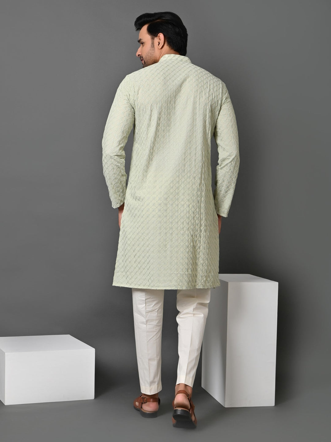 Chikan Green Kurta Set | Cotton Blend Full Sleeve Stand Collar Festive Wear