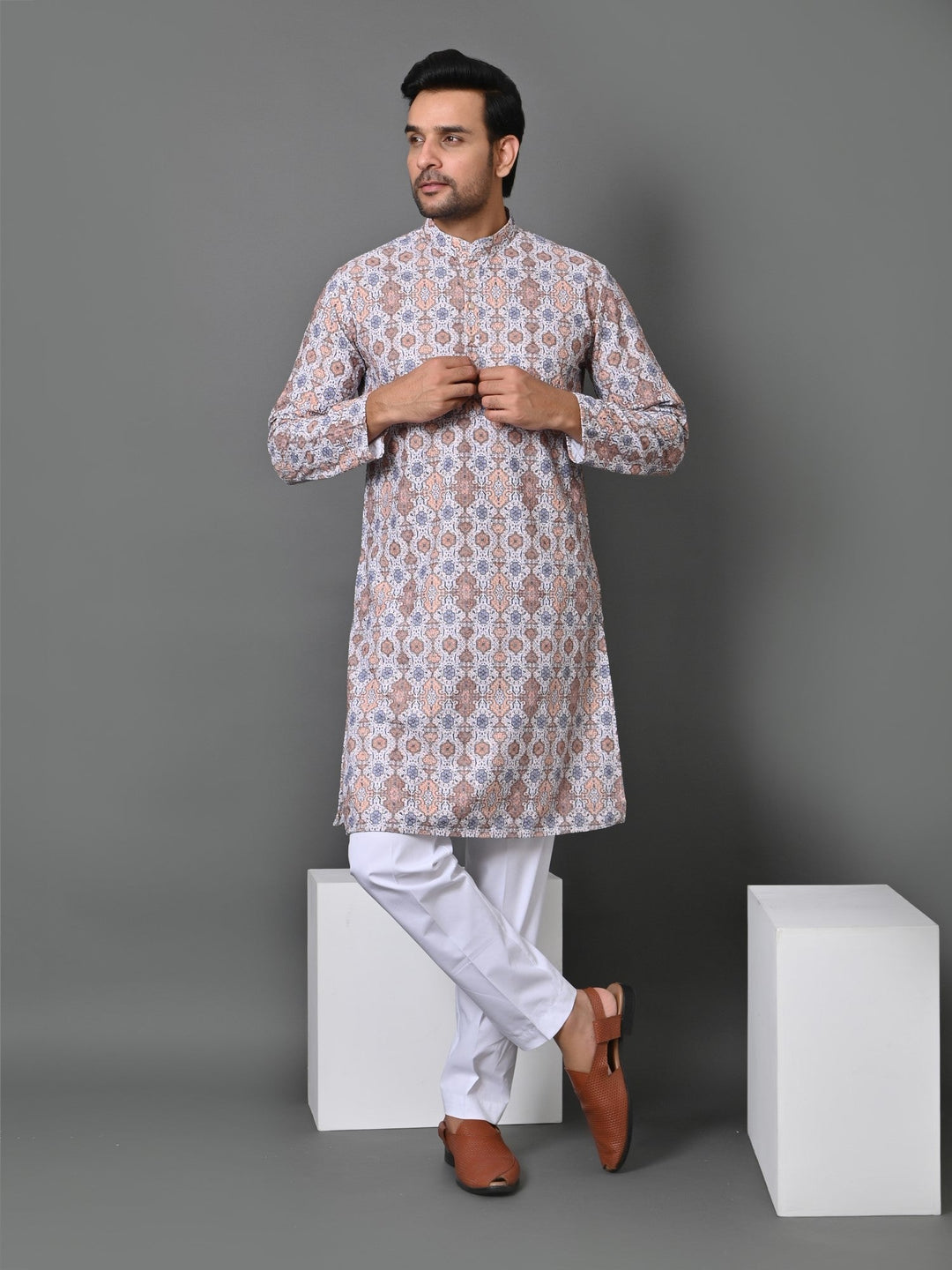 Ethnic Motifs Cream Kurta Set | Printed Cotton Blend Top with Stand Collar