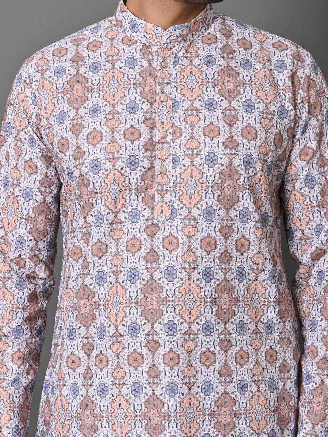 Ethnic Motifs Cream Kurta Set | Printed Cotton Blend Top with Stand Collar