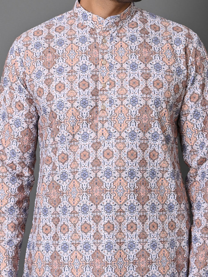 Ethnic Motifs Cream Kurta Set | Printed Cotton Blend Top with Stand Collar