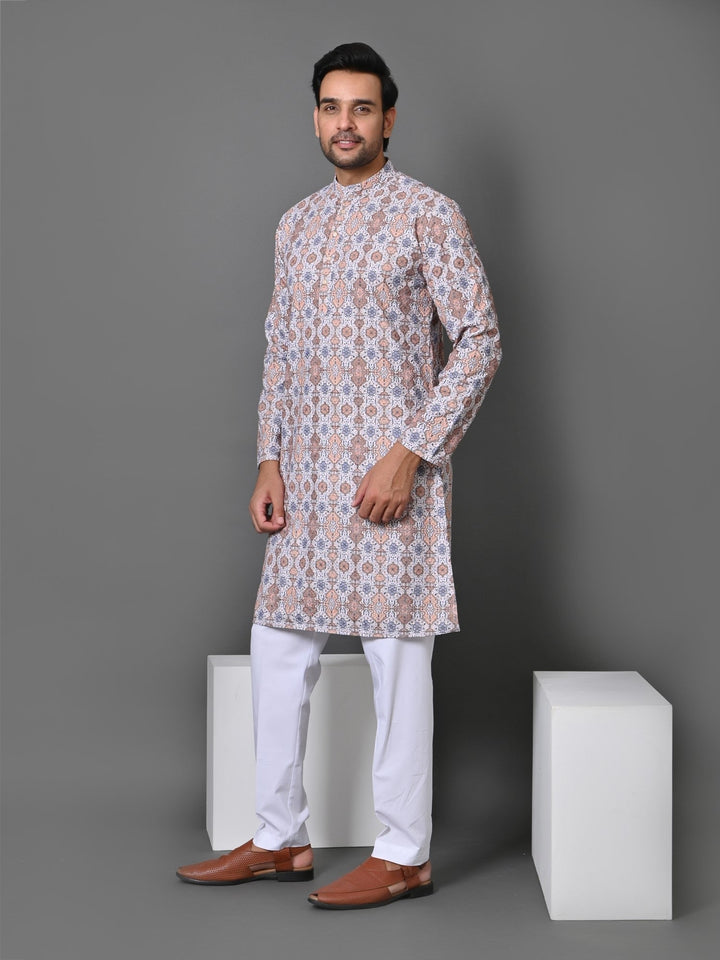 Ethnic Motifs Cream Kurta Set | Printed Cotton Blend Top with Stand Collar