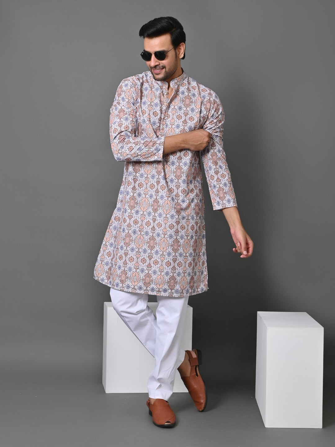 Ethnic Motifs Cream Kurta Set | Printed Cotton Blend Top with Stand Collar