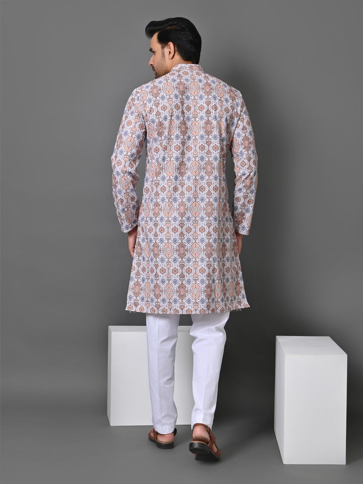 Ethnic Motifs Cream Kurta Set | Printed Cotton Blend Top with Stand Collar