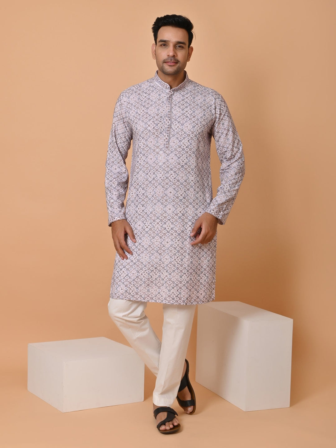 Embroidered Sequence Kurta Set | Festive Cotton Blend Full Sleeves