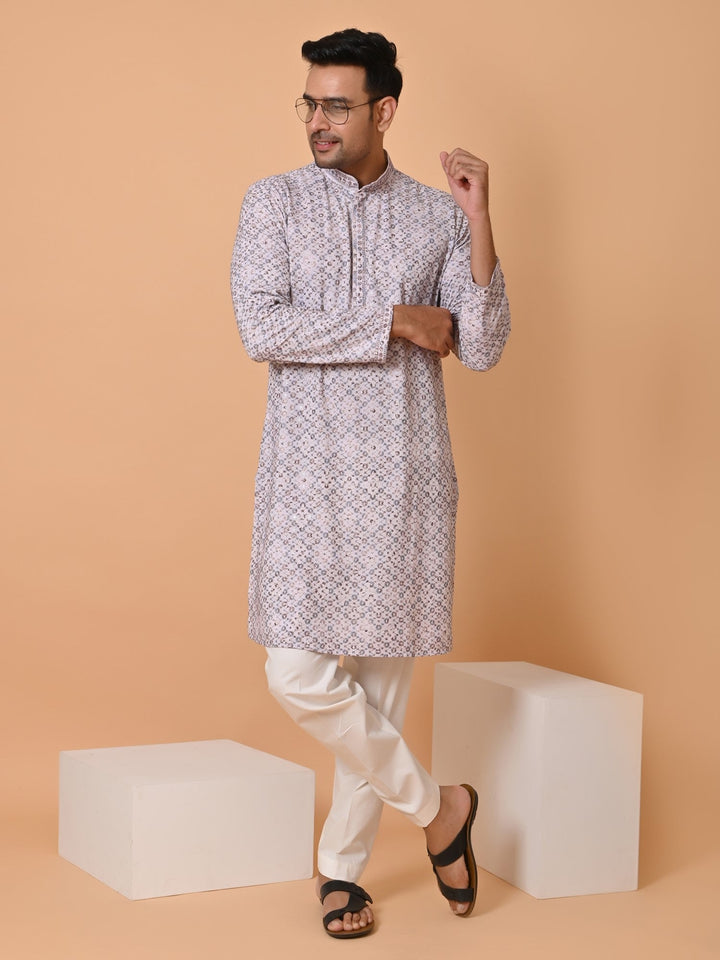 Embroidered Sequence Kurta Set | Festive Cotton Blend Full Sleeves