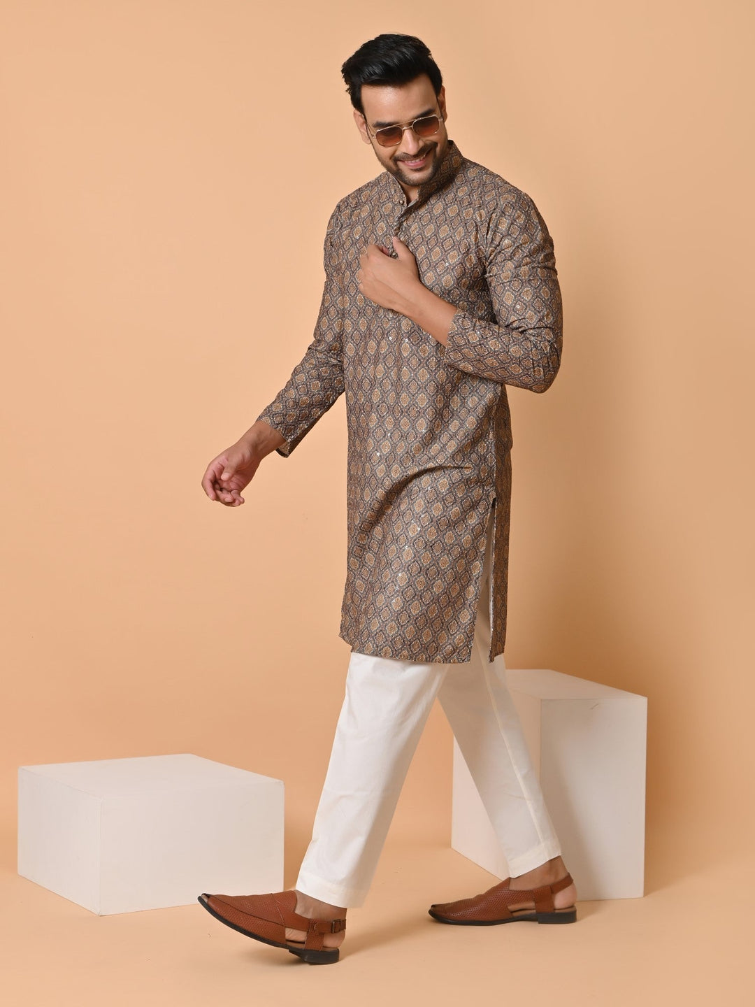 Chikan Printed Cotton Blend Kurta Set | Festive Full Sleeve Design