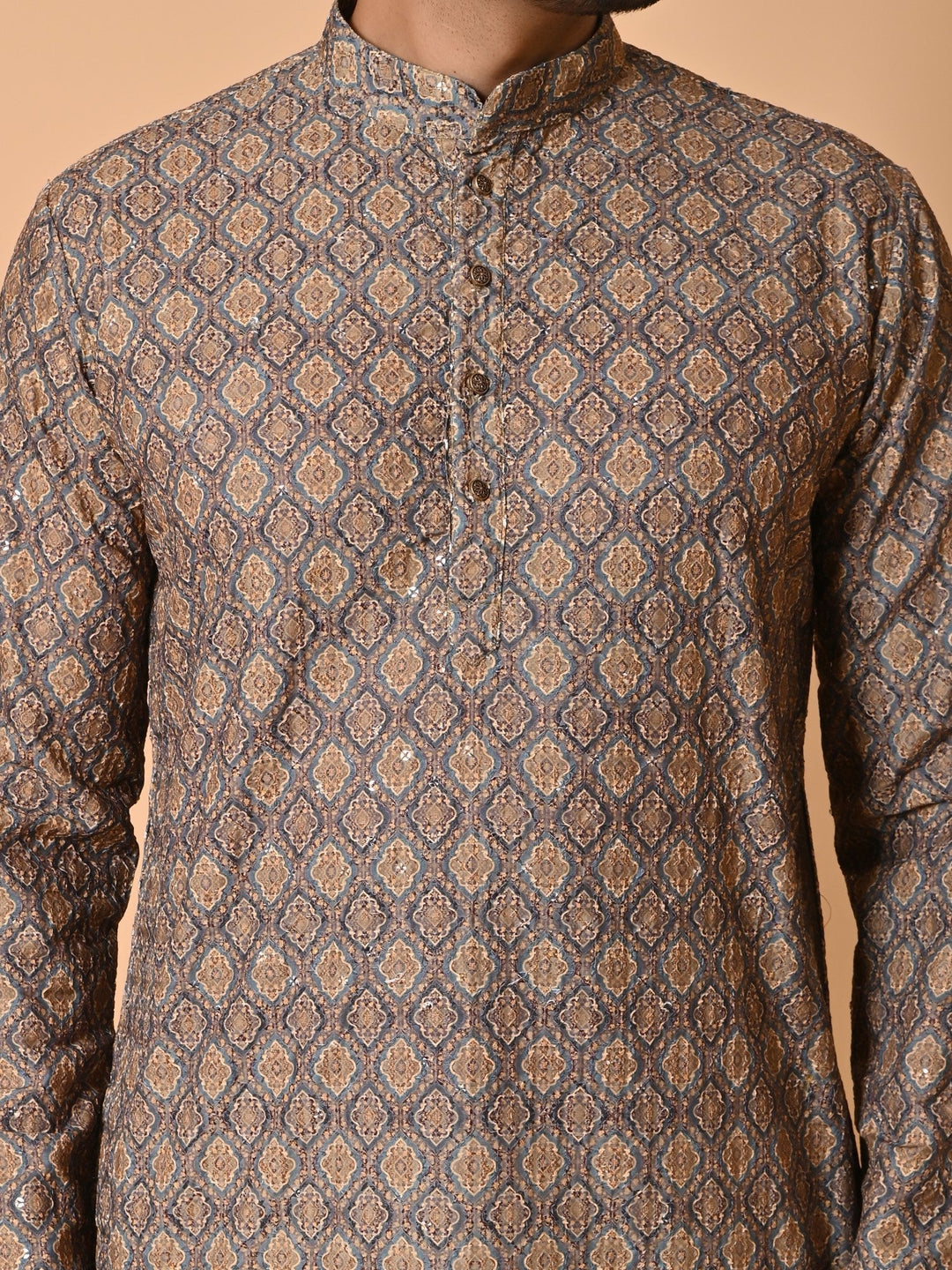 Chikan Printed Cotton Blend Kurta Set | Festive Full Sleeve Design