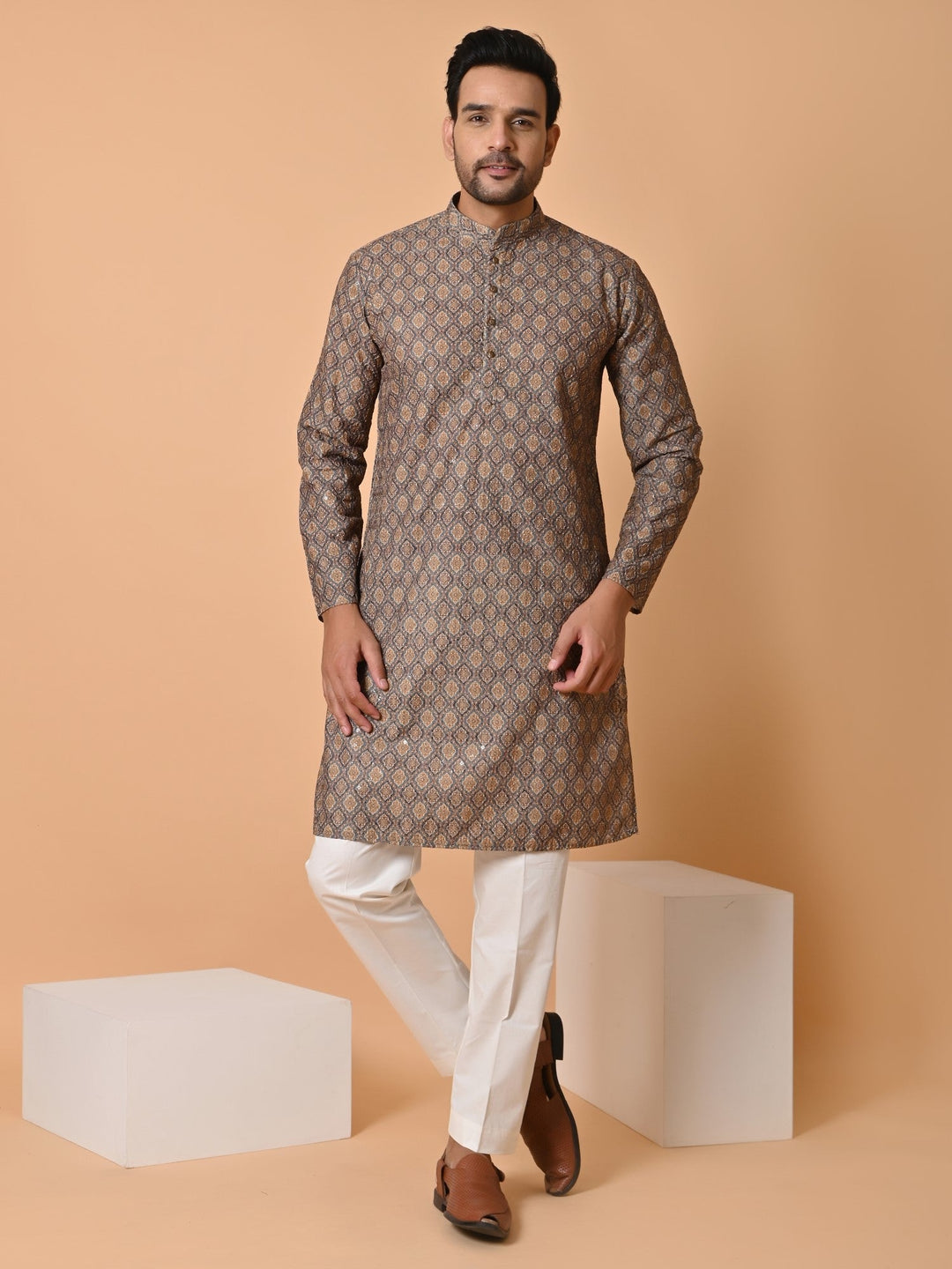 Chikan Printed Cotton Blend Kurta Set | Festive Full Sleeve Design