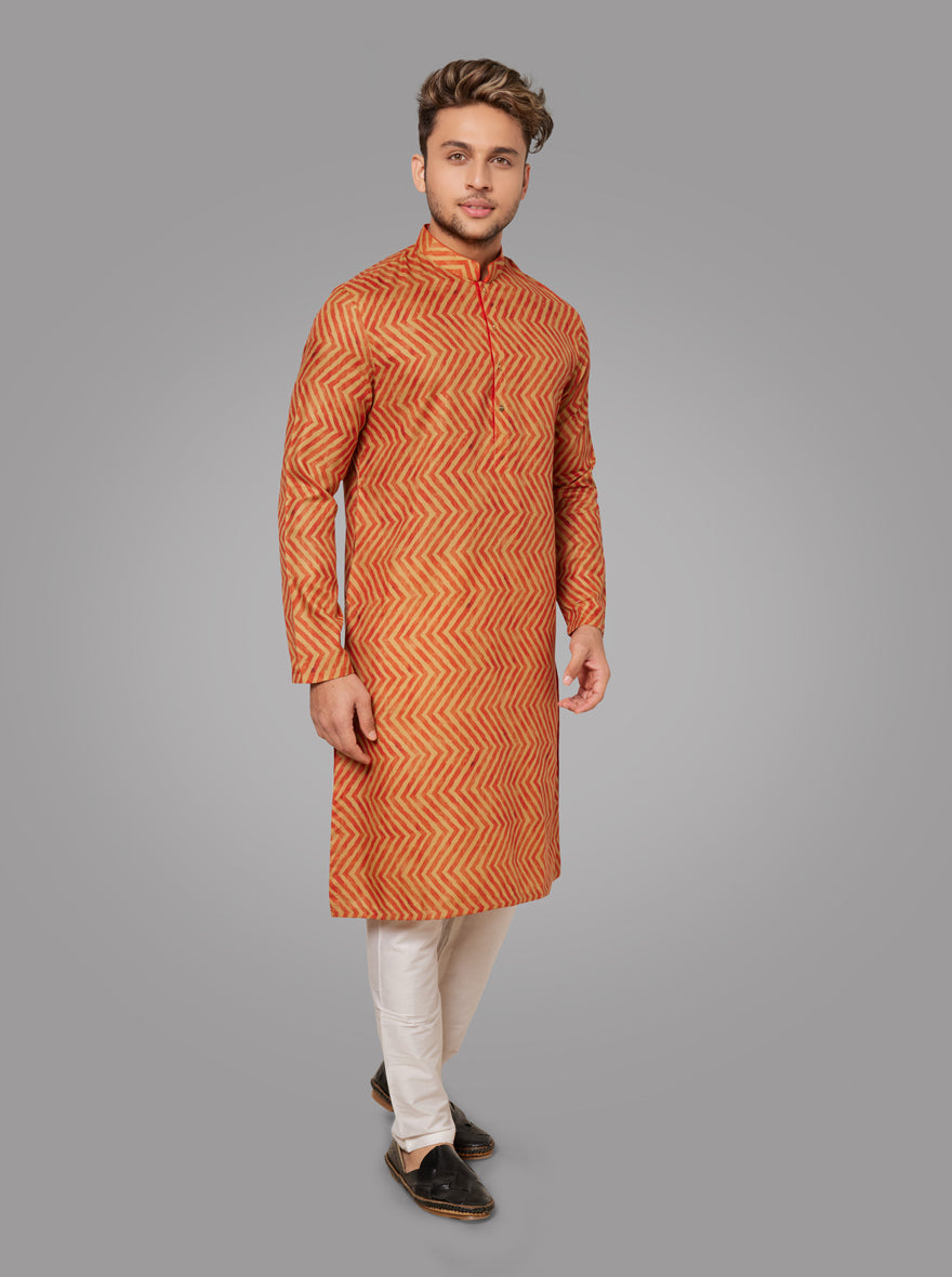 Orange & Beige Kurta Pajama Set for Men - Silk Blend Casual Wear