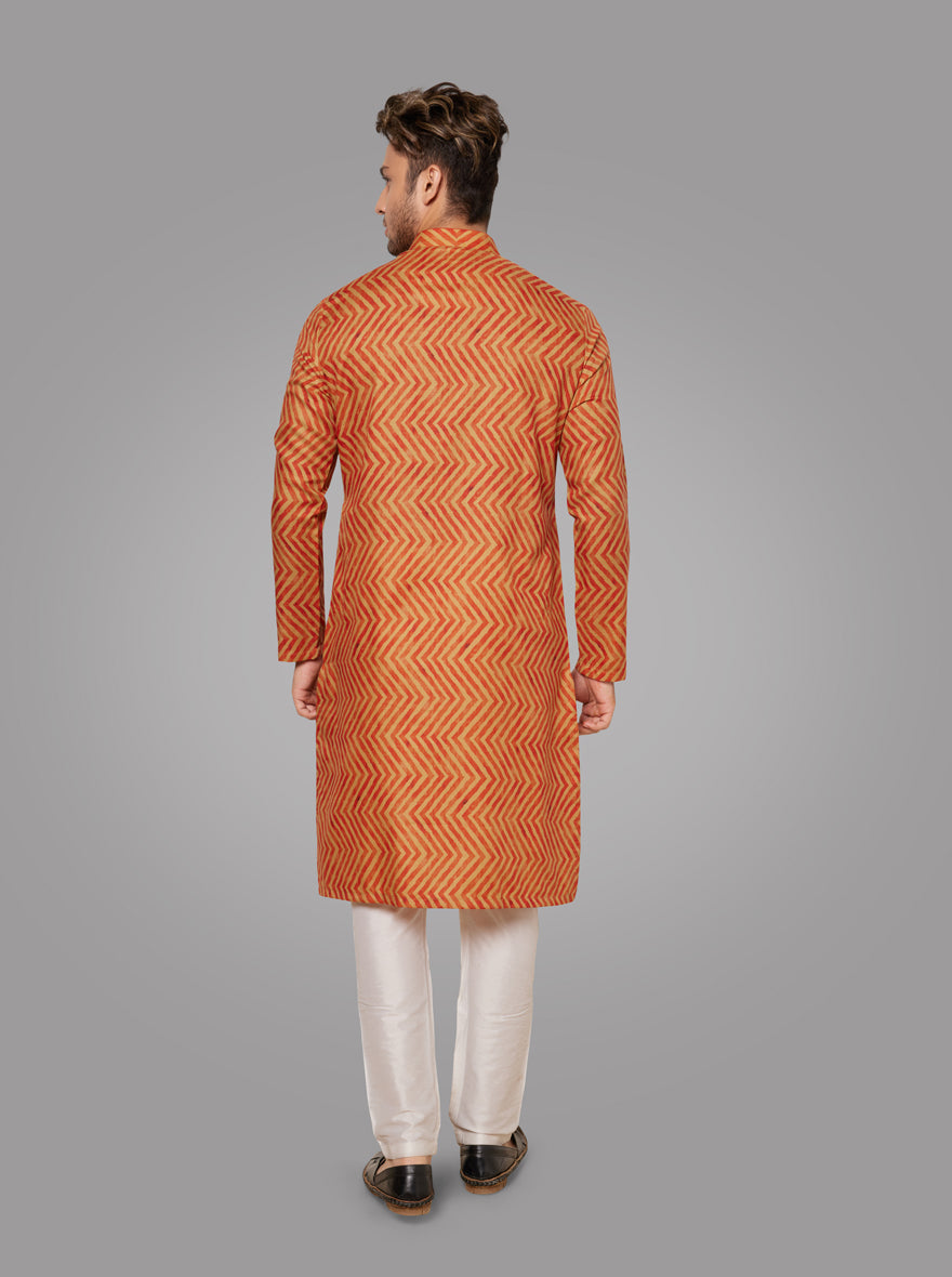 Elegant Orange & Beige Silk Blend Kurta Pajama Set for Men