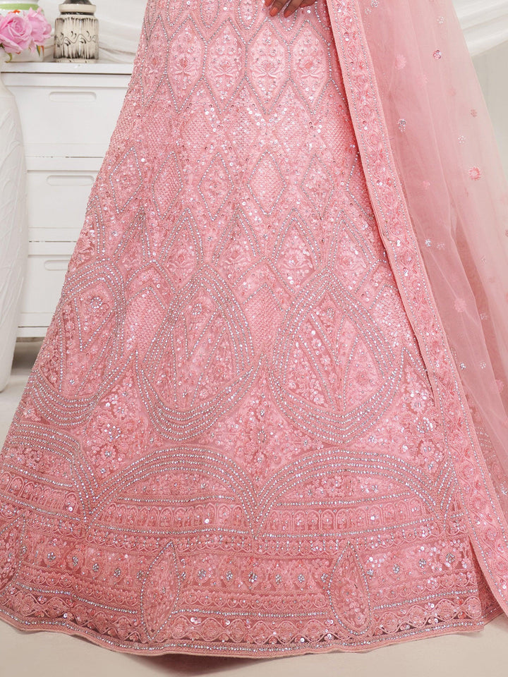 Glamorous Pink Embroidered Net Engagement Wear Lehenga Choli