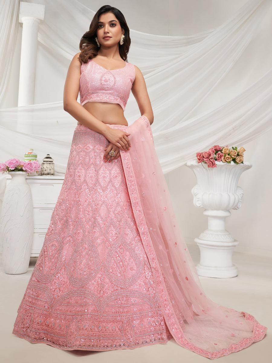 Glamorous Pink Embroidered Net Engagement Wear Lehenga Choli