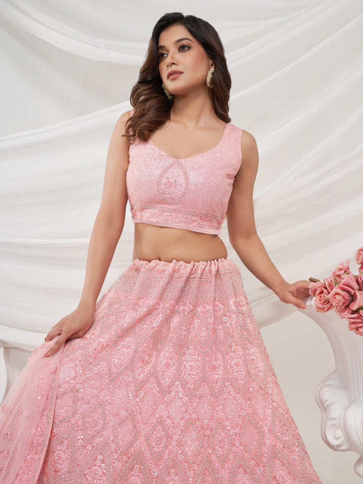 Glamorous Pink Embroidered Net Engagement Wear Lehenga Choli