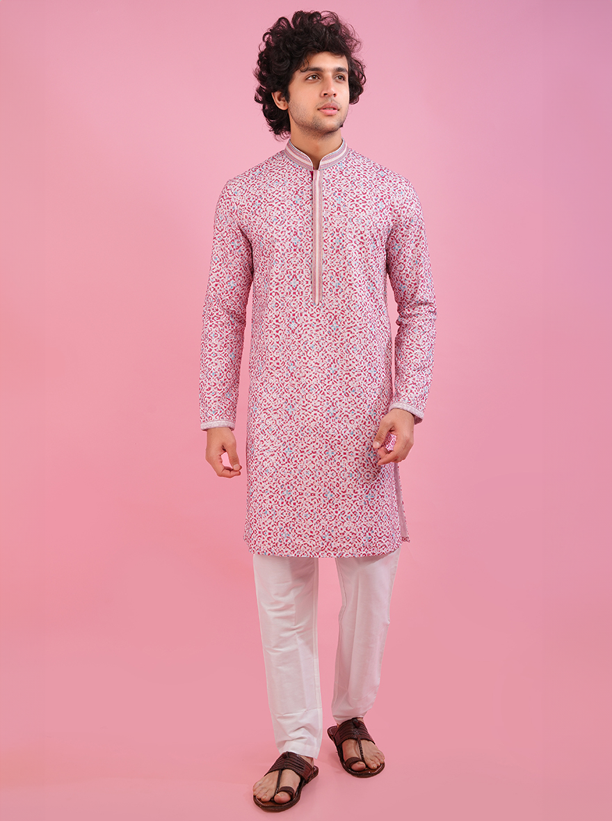 Maroon silk blend kurta pajama set for men, offering a sophisticated and traditional look.