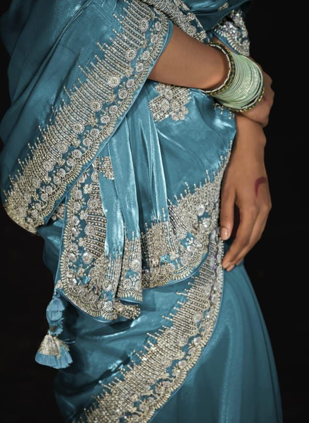 Luxurious Glass Tissue Saree | Embroidery & Sequins Sari | Indian Saree USA