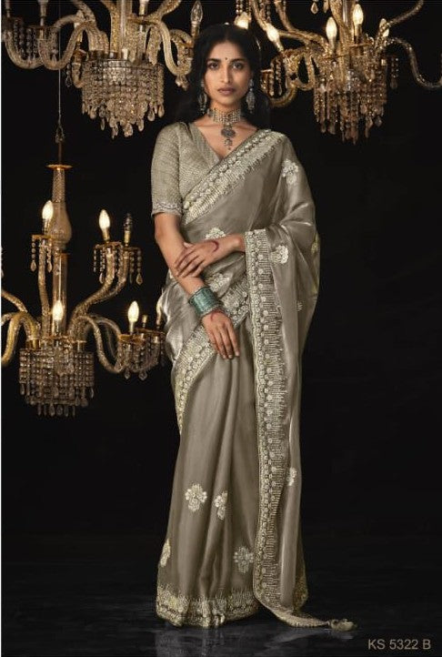 Luxurious Glass Tissue Saree | Embroidery & Sequins Sari | Indian Saree USA