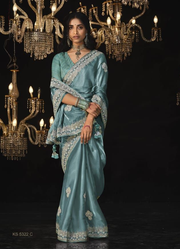 Luxurious Glass Tissue Saree | Embroidery & Sequins Sari | Indian Saree USA