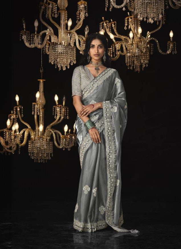 Luxurious Glass Tissue Saree | Embroidery & Sequins Sari | Indian Saree USA