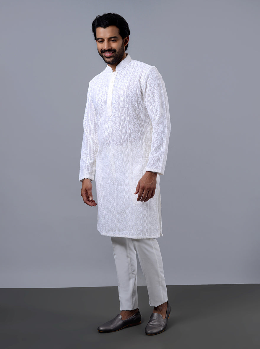 Comfortable white kurta for various occasions, blending tradition and modernity.