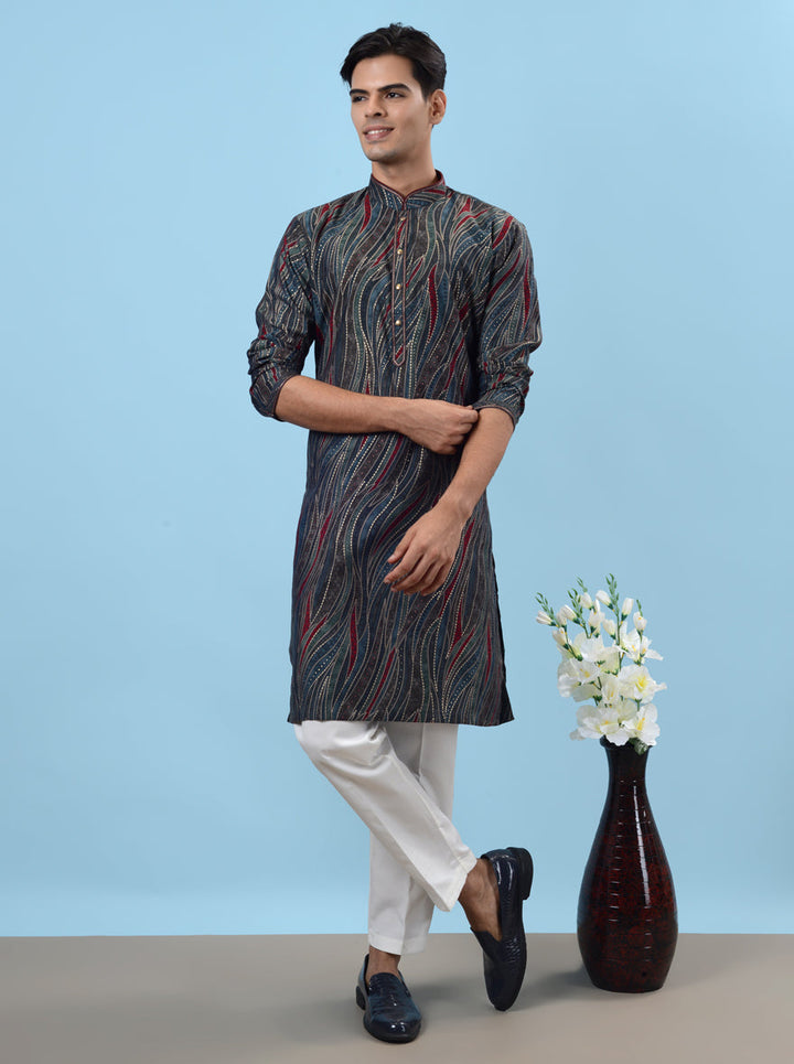 Stylish blue kurta pajama featuring elegant prints, perfect for garba events in the USA.