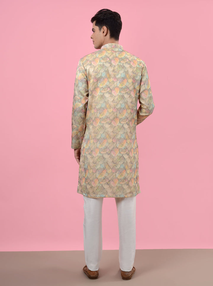 Cream kurta pajama for men, designed for elegance at festive gatherings in the USA.