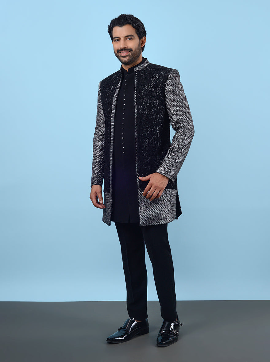 Elevate your wardrobe with the Black and Silver Indo Western, perfect for formal celebrations in the USA with intricate embroidery.