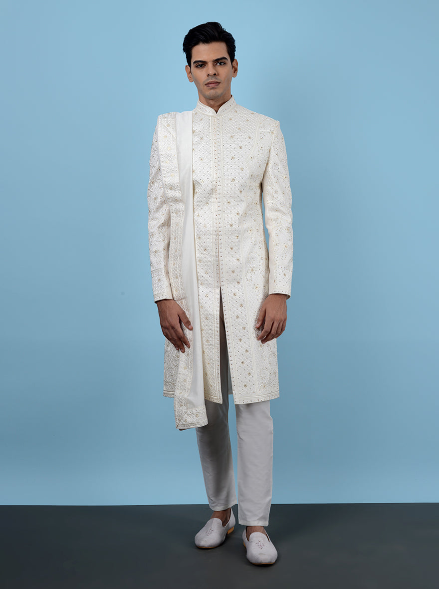 High-quality silk blend sherwani in cream, ideal for stylish men seeking elegance at events.