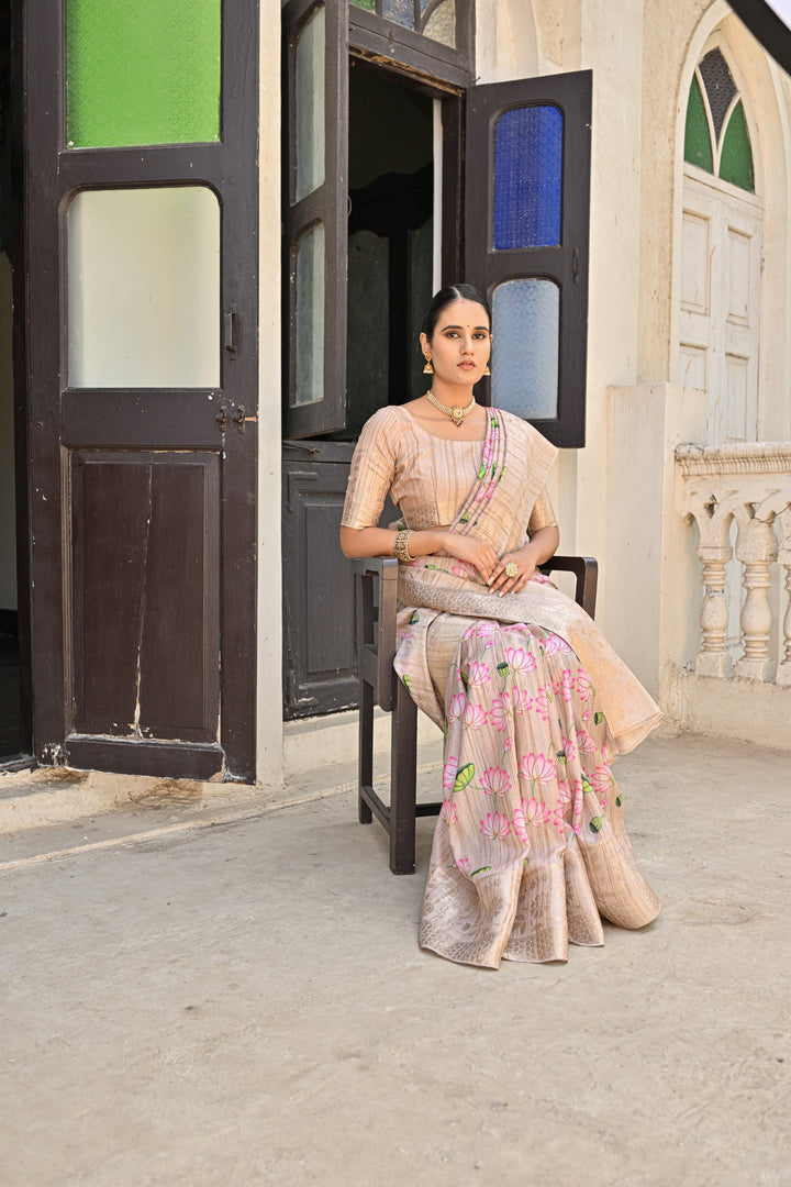 Elegant grey cotton silk saree featuring a beautiful zari woven pallu for USA weddings and events.