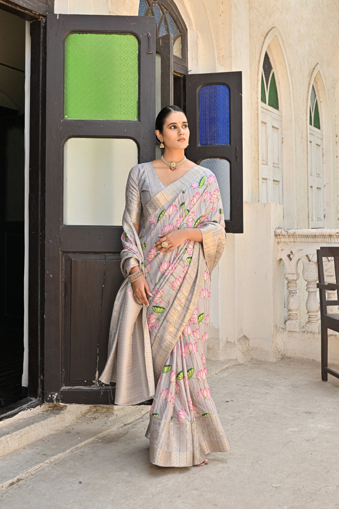 Grey cotton silk saree with delicate zari woven pallu, crafted for USA brides and festive occasions.