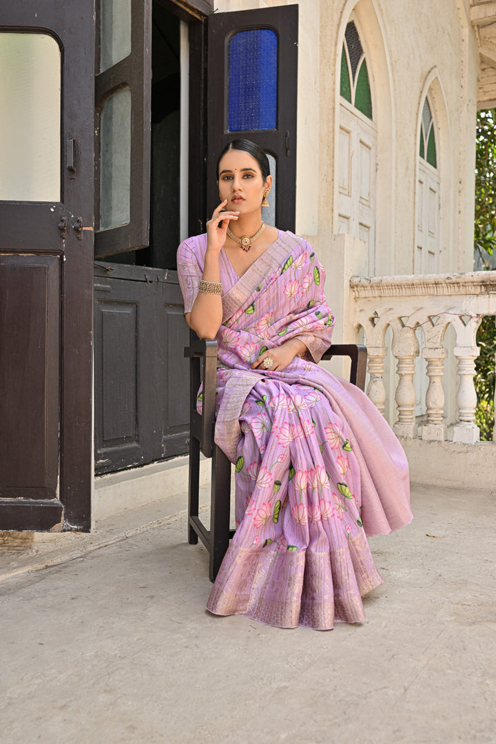 Lavender dream cotton silk saree with beautiful zari woven pallu, ideal for USA festive events.