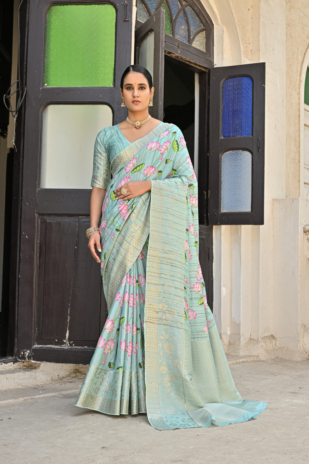 Pista green soft cotton silk saree with intricate zari pallu, perfect for USA cultural festivals.