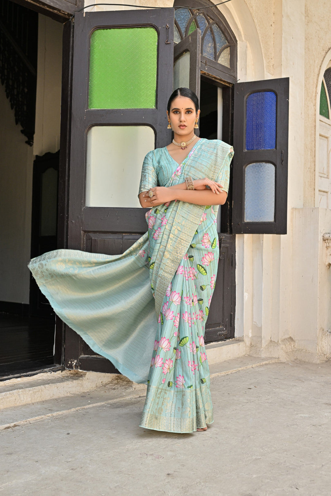 Pista green soft cotton silk saree with zari woven pallu, perfect for chic USA celebrations.