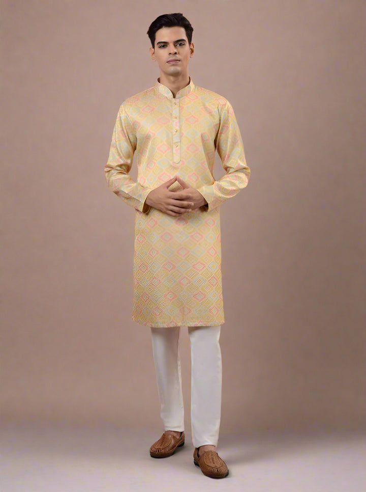 Unique cream & yellow kurta pajama set, perfect for enhancing your style during celebrations in the USA.