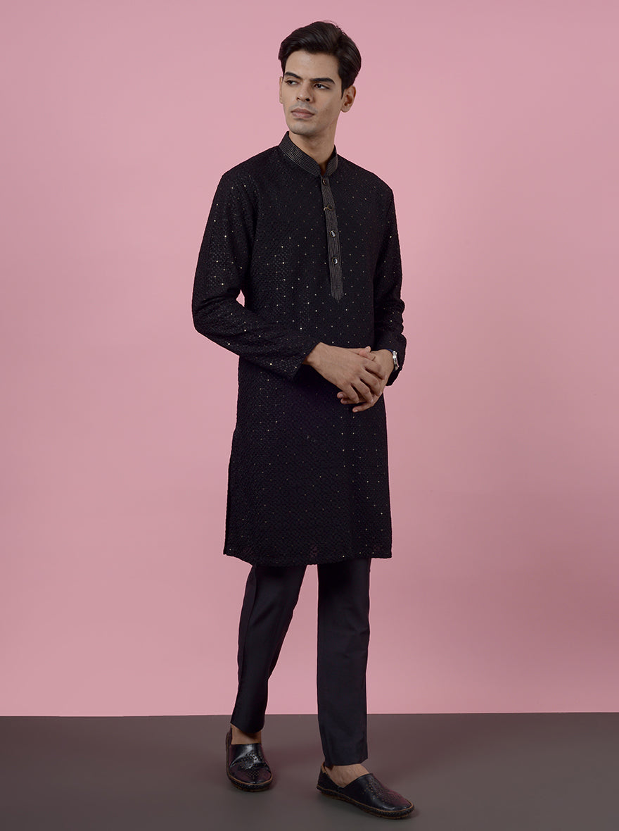 Black embroidered kurta pajama for Sufi night in the USA, crafted from silk blend.