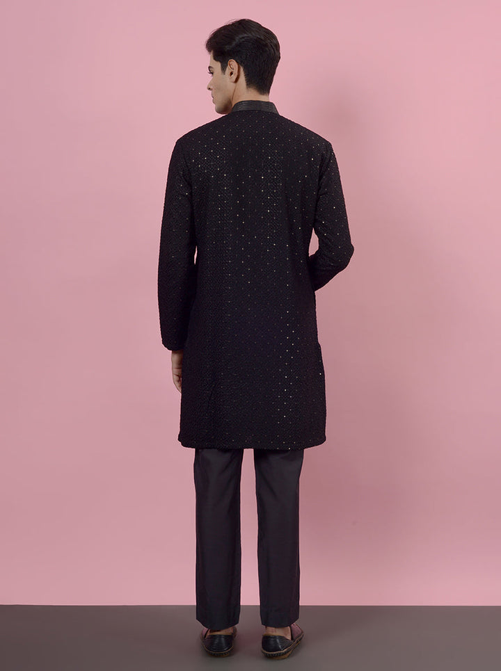 Stylish black kurta pajama for men’s sangeet and Sufi night, USA festive events.