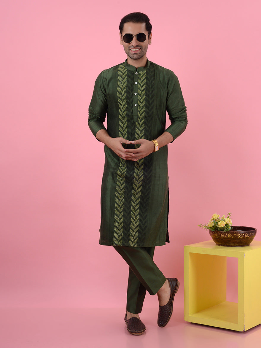 Elevate your ethnic style with this olive green cotton kurta set, perfect for modern occasions.