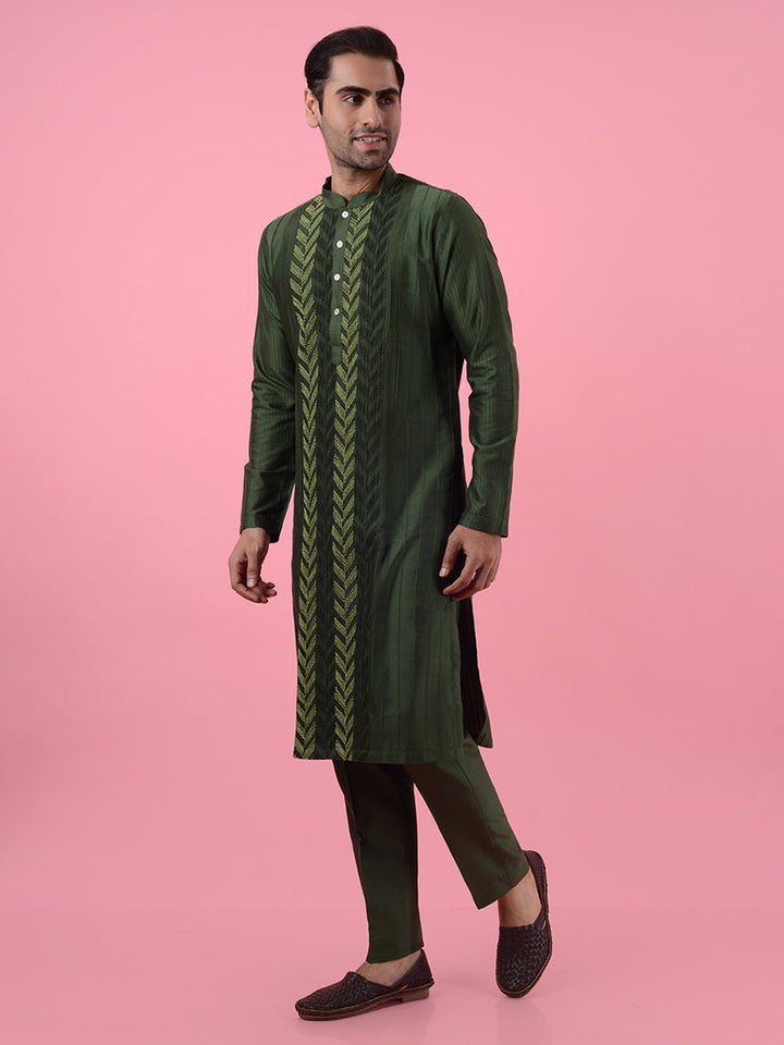 Traditional yellow kurta pajama set for men, made from luxurious silk blend fabric.