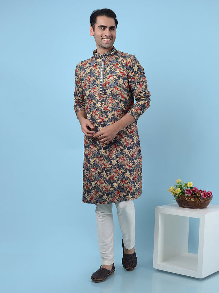 Men's grey crepe silk kurta pajama, designed with elegant mirror and resham detailing for ethnic occasions.