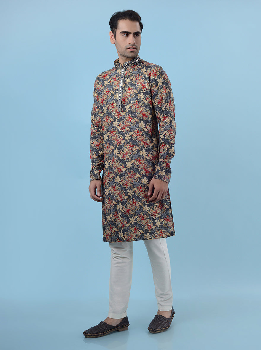 Stylish grey kurta pajama for men, crafted from crepe silk with detailed mirror work and resham embroidery.