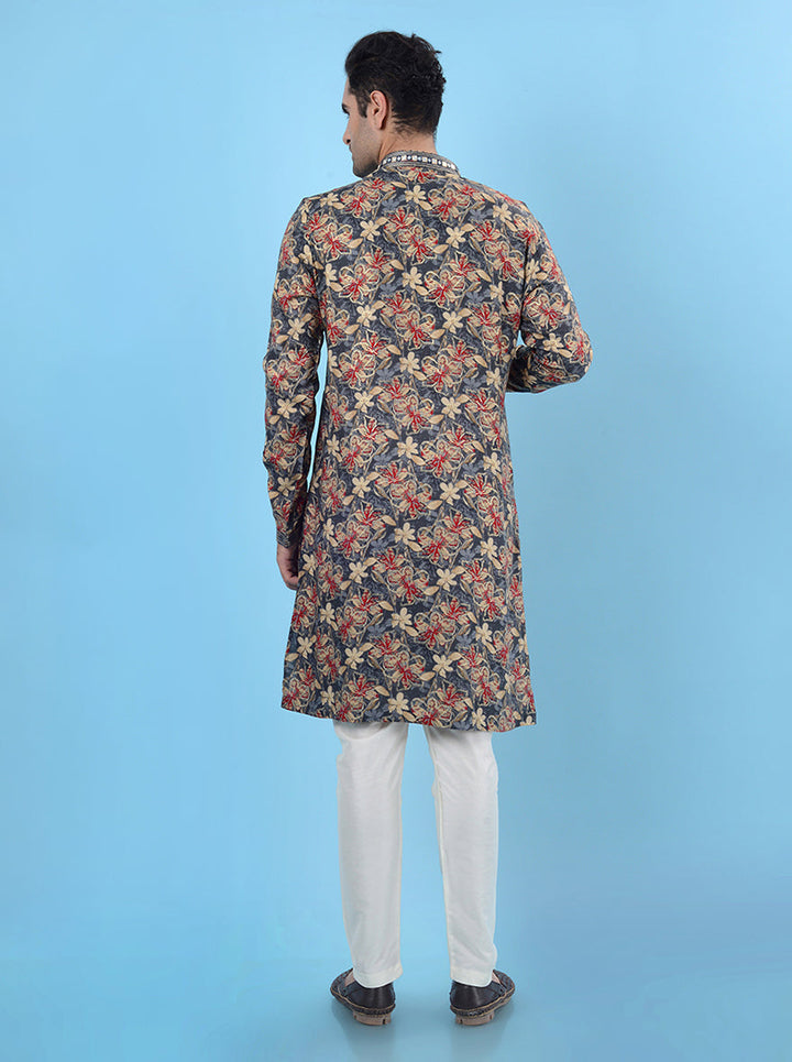 Traditional grey crepe silk kurta pajama for men, adorned with mirror work and resham embroidery for events.