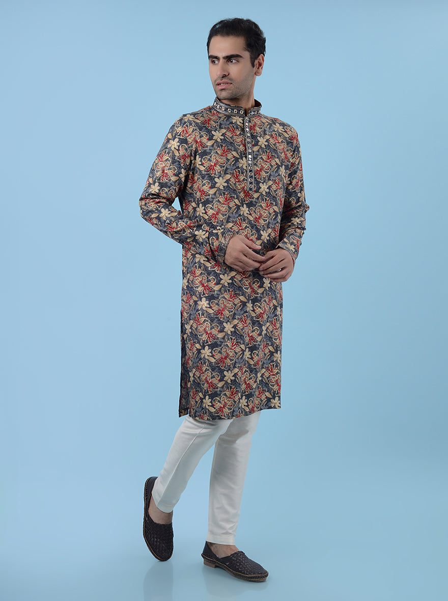 Men's grey kurta pajama set in crepe silk with mirror work and resham embroidery for a festive look.