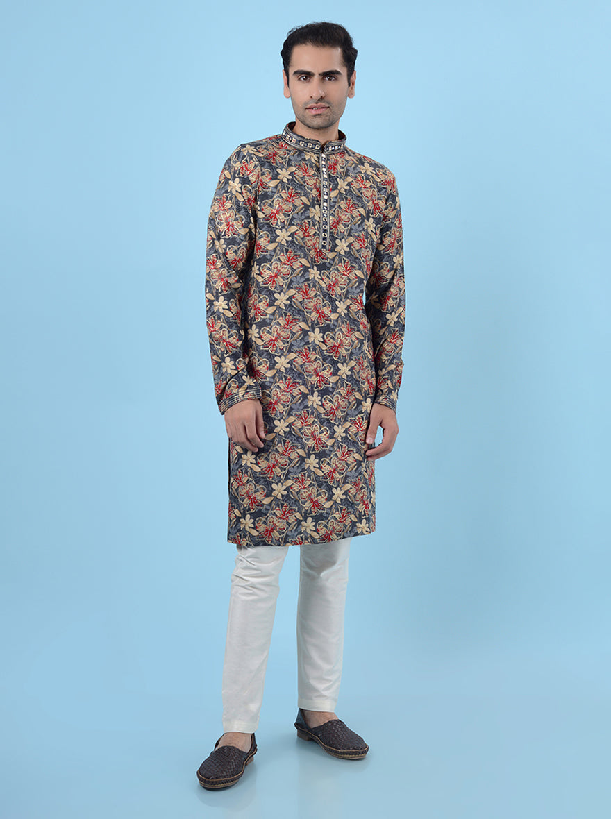 Grey kurta pajama for men, featuring mirror work and resham embroidery, perfect for cultural celebrations.