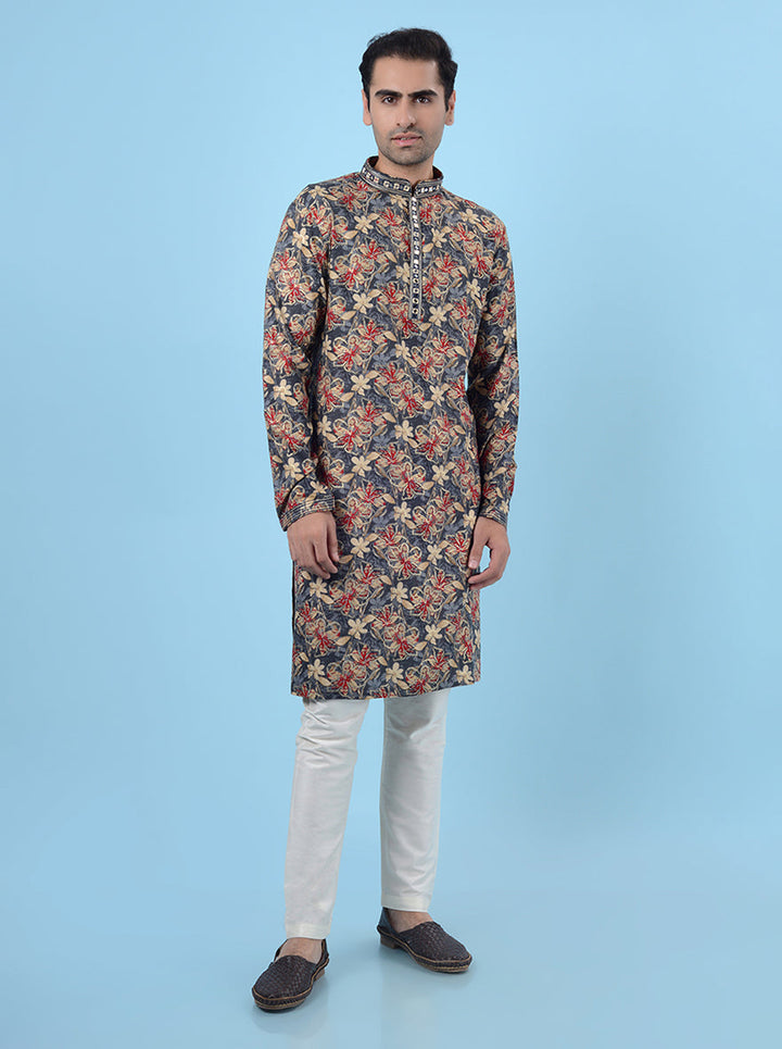 Grey kurta pajama for men, featuring mirror work and resham embroidery, perfect for cultural celebrations.